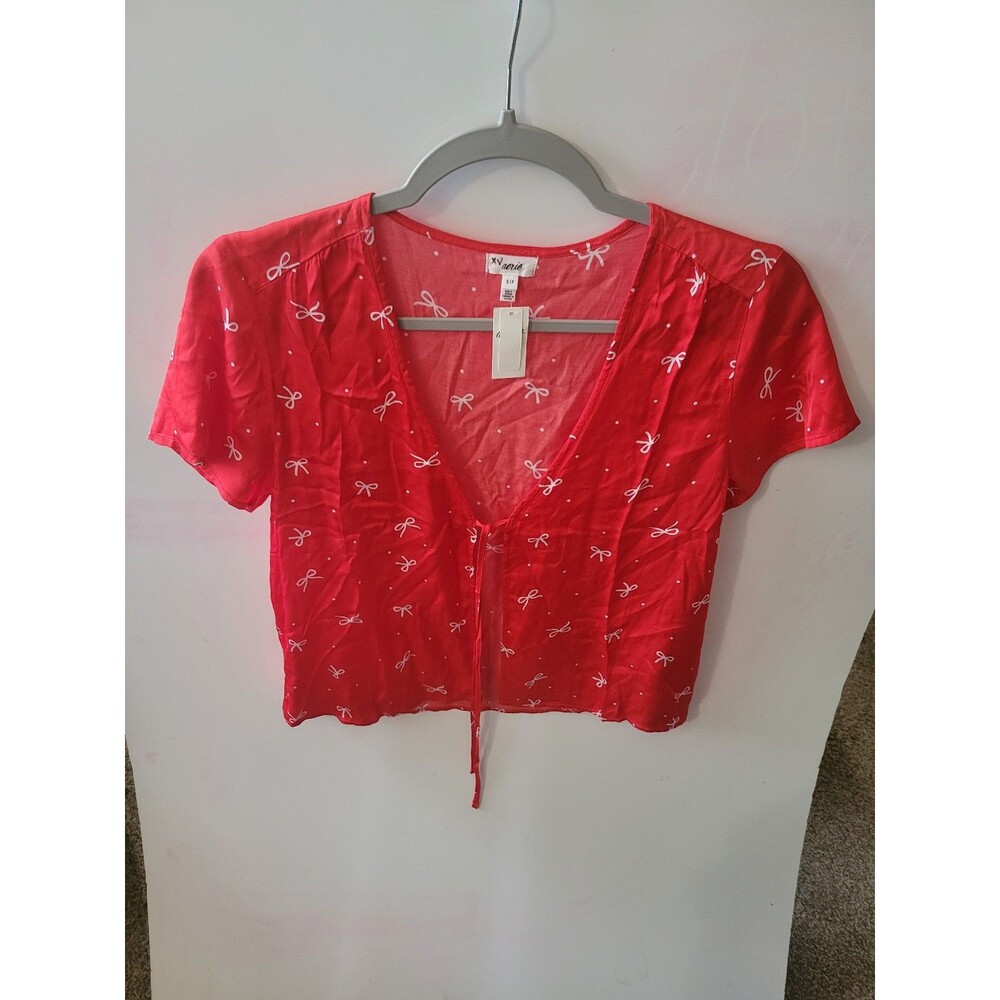 NWT Red Unisex Aerie Off-Duty Satin Bow Tie Front Shirt